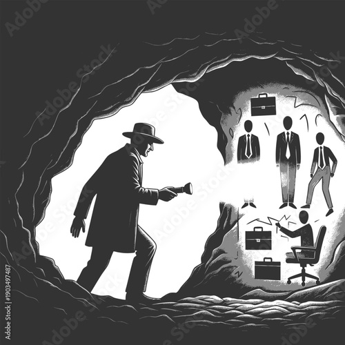 man with a flashlight exploring a cave, uncovering ancient wall drawings of businesspeople in suits sketch engraving generative ai vector illustration. Scratch board imitation. Black and white image.