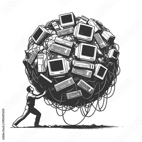 man pushing a giant sphere made of outdated electronics, symbolizing the burden of modern technology sketch engraving generative ai vector illustration. Scratch board imitation. Black and white image.
