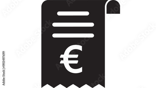 Receipt euro icon with document and currency symbol, minimalist black and white pictogram for billing, invoice, payment, expense tracking and finance apps