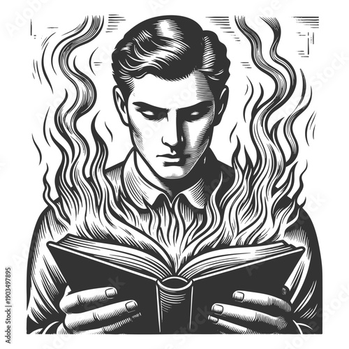  man calmly reading a book emitting flames, representing intense learning, ideas, or forbidden knowledge sketch engraving generative ai vector illustration. Scratch board imitation. Black and white.