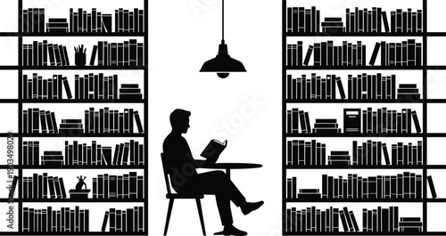 Person Reading Book in Library Silhouette | Study Room Bookshelf Vector Illustration