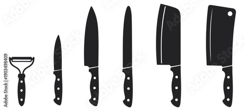 Kitchen Knives And Peeler Silhouette, Variety From Paring Knife To Large Cleavers Culinary Tools Food Preparation Vector Illustration Set