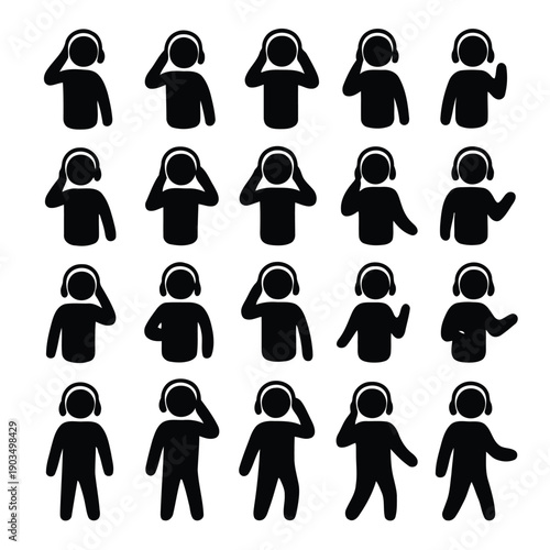 Black silhouettes of people wearing headphones depicted in various dynamic poses and gestures high quality