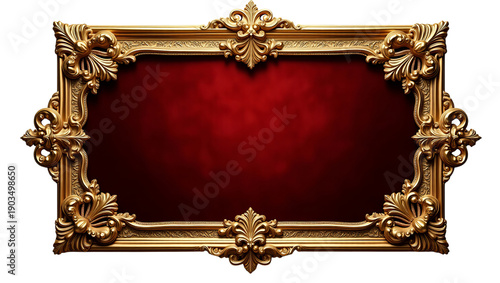 An ornate gold picture frame with intricate floral designs and red velvet background displayed frontally