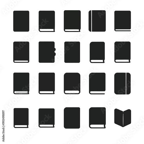 A grid of black book icons mostly closed with some partially open pages high quality