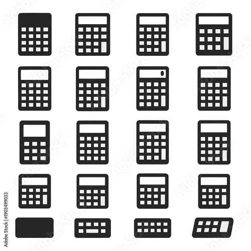 A collection of various black calculator icons arranged in a grid pattern on a white background