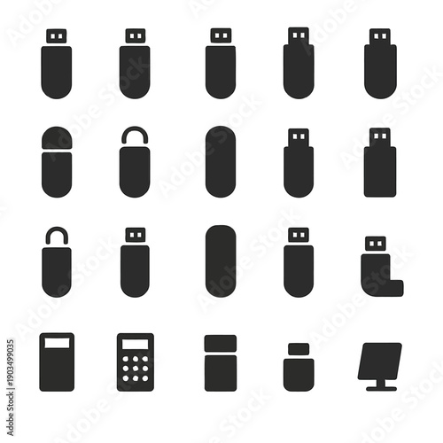 A collection of various black silhouette icons representing data storage and connectivity high quality professional