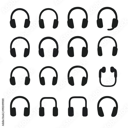A grid displaying numerous black headphone icons showcasing various angles and styles high quality professional