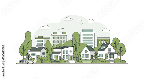 Suburban neighborhood with houses and trees, flat design illustration