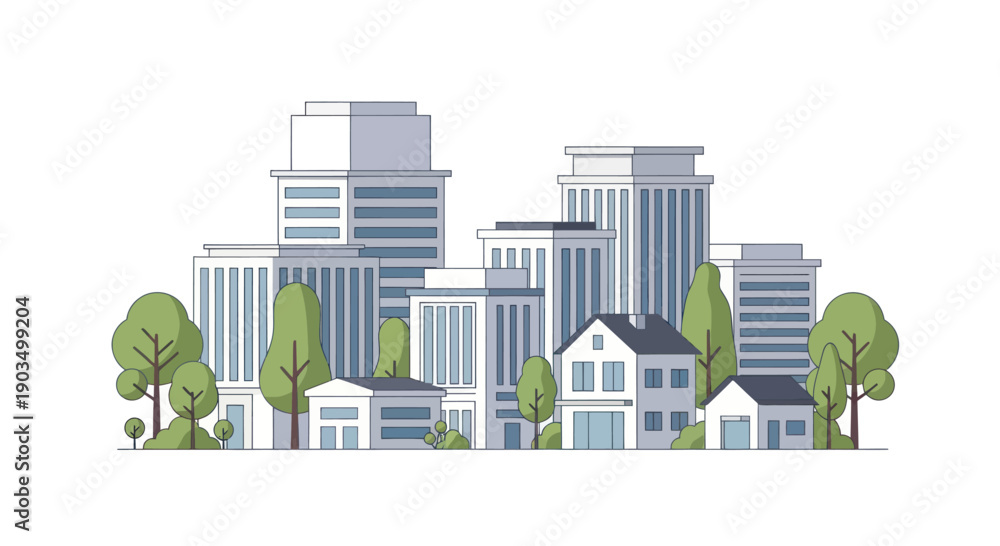 Naklejka premium Modern Cityscape with Green Trees and Diverse Architecture, Flat Design
