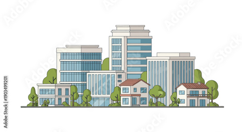 Modern Cityscape with Diverse Architecture, Buildings, Houses, Trees, Flat Design