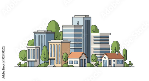 Modern Cityscape with Diverse Buildings and Green Trees, Flat Design
