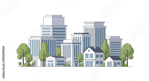 Modern Cityscape with Green Trees and Diverse Architecture, Flat Design