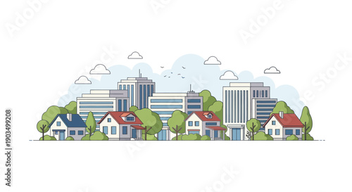 Modern Cityscape with Residential and Commercial Buildings, Trees, and Clouds