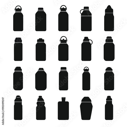 A collection of various black silhouette water bottles arranged in a grid pattern high quality