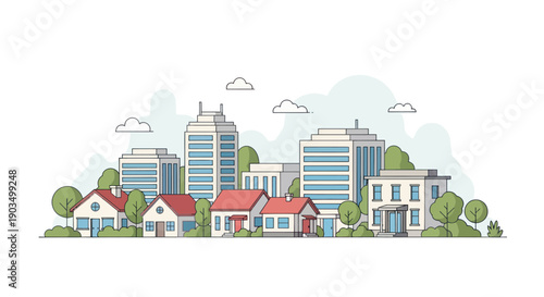 Flat illustration of modern city skyline with residential houses and trees