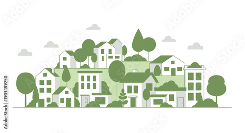 Green Eco Friendly Houses and Trees on Hillside, Sustainable Cityscape Illustration