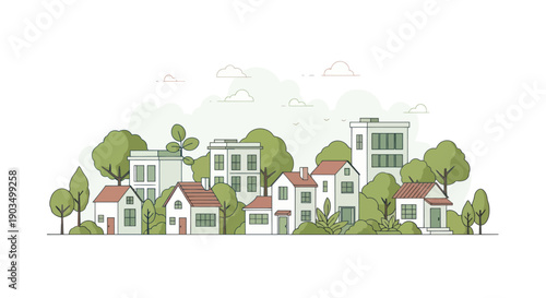 Charming suburban neighborhood with trees and houses in a flat design style.