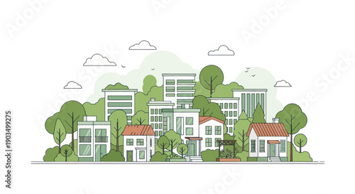Modern Cityscape Illustration: Diverse Buildings, Green Trees, and Cloudy Sky