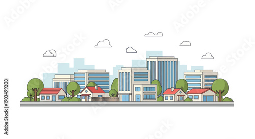 Modern Cityscape with Residential Houses and Tall Buildings, Flat Design
