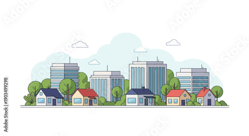 Modern Cityscape with Residential Houses and Office Buildings, Green Trees, Flat Illustration