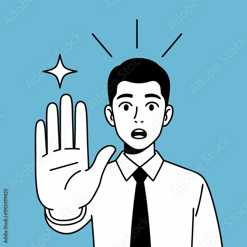 Surprised young man raising his hand in a clear stop gesture, signaling urgent caution, a warning, or a sudden, important realization. Attention-grabbing vector graphic