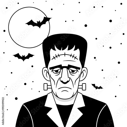 A Classic Halloween Illustration of Frankenstein's Monster Under a Full Moon with Bats Flying
