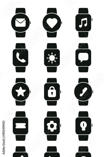 A collection of black smartwatch icons displaying various applications and functionalities high quality professional detailed