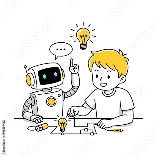 Robotic Assistant Helping a Young Student With an Electrical Circuit Experiment and Light Bulb Idea