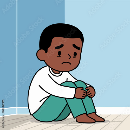 Sad Black Boy Sitting in Corner, Feeling Lonely and Depressed