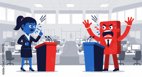 Illustration of a heated debate and intense conflict between colleagues in a professional office environment, symbolizing disagreement and communication challenges