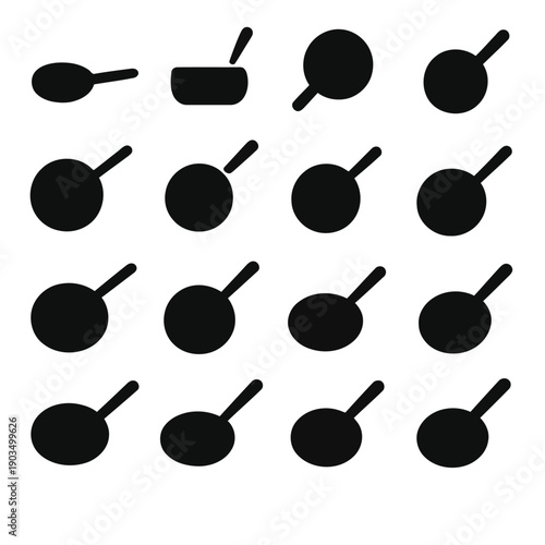 A grid of simplistic black silhouettes depicting various frying pans and cooking utensils high quality