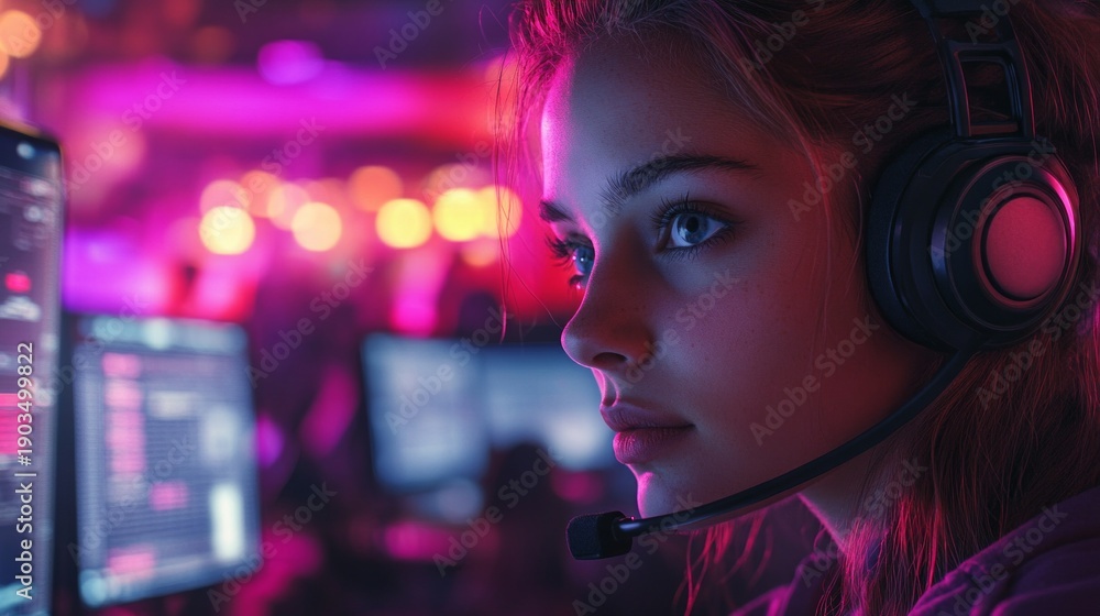 © COK House - A girl wearing headphones with a microphone, immersed in virtual communication, embodies the dynamics of modern online communication, which would be a perfect thematic backdrop