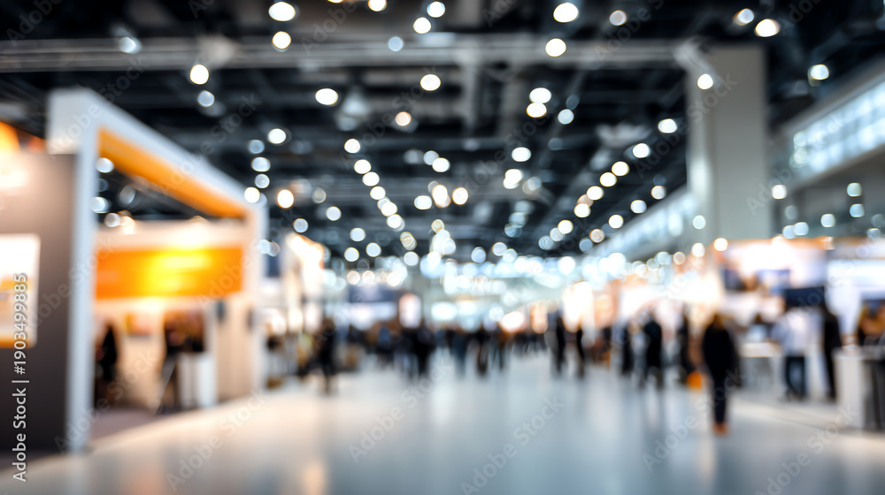 custom made wallpaper toronto digitalBlurred image of a bustling trade show with bright lights and people moving around various exhibition booths.