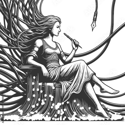 goddess-like woman sitting on a flowing data throne, holding a stylus, symbolizing creativity in the digital age sketch engraving generative ai vector illustration. Scratch board. Black and white.