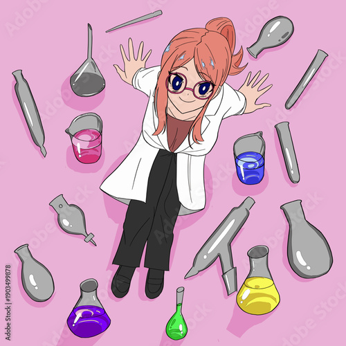 実験器具に囲まれて座っている女性科学者のイラスト