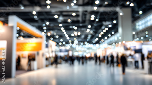 Blurred image of a bustling trade show with bright lights and people moving around various exhibition booths.