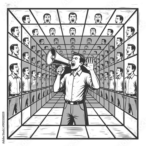 man yelling into a megaphone inside a mirror-lined room, symbolizing self-reinforcing beliefs and isolation sketch engraving generative ai vector illustration. Scratch board. Black and white image.