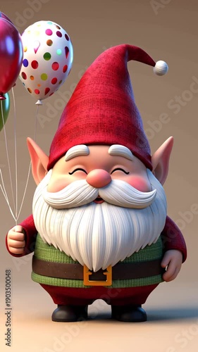 Cute adorable cartoon gnome with holding balloons,