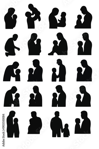 Silhouettes depicting diverse parental interactions mothers and fathers with children high quality professional detailed modern