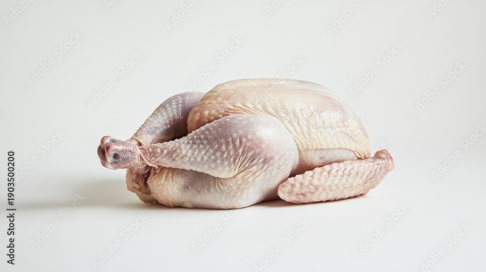 Fototapeta premium Whole raw chicken on white background showing natural shape and skin texture. Fresh poultry for roasting or cooking. 