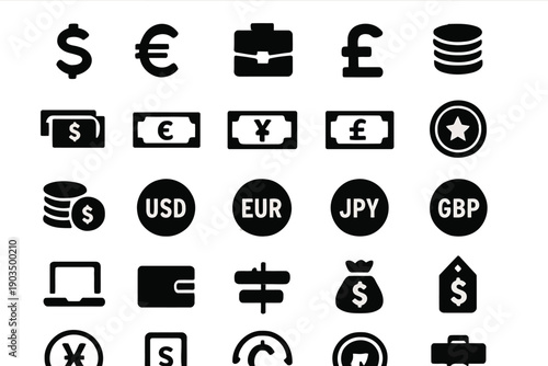 A collection of black and white icons representing money finance and various currencies high quality
