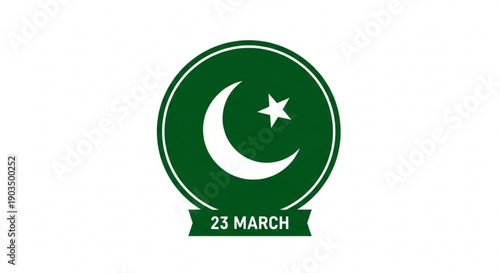 Pakistan republic day symbol with crescent moon star and date 23 march on green banner