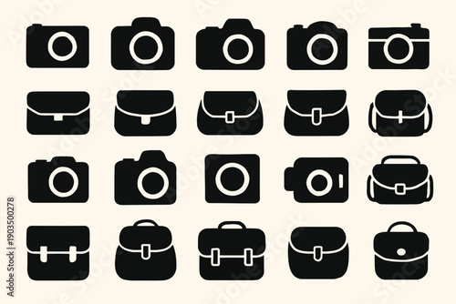 A collection of black silhouette icons depicting vintage cameras and leather camera bags high quality