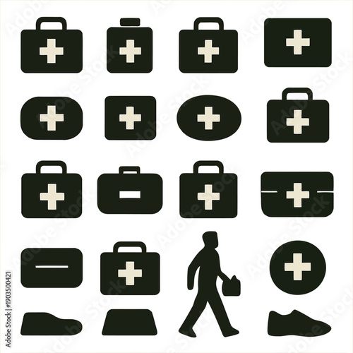 A grid of medical kit icons including silhouettes of a doctor and accompanying items