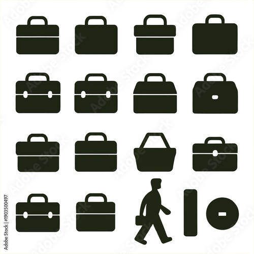 A grid of dark green briefcase icons with a small walking figure at the bottom