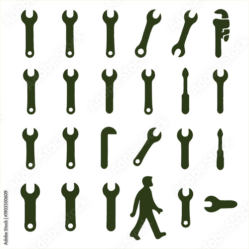 A collection of dark green wrench and tool silhouettes arranged in a grid pattern