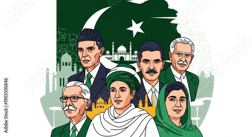 Diverse group of pakistani leaders in traditional and formal attire with flag background