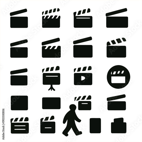 A collection of black film reels and clapperboards depicted in a grid like arrangement
