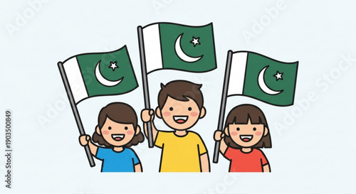 Children holding pakistani flags celebrating patriotism and national pride with joyful kids waving green and white flags